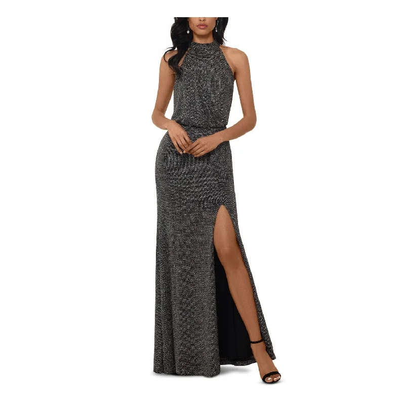 satin gown dressesXscape Women's Glitter Sleeveless Halter Full Length Body Con Formal Dress Black Size 8