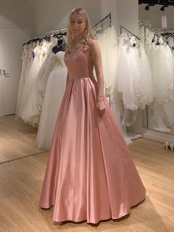 themed party dressesPrincess V Neck Satin Long Pink Prom Dresses with Cross Back, V Neck Pink Formal Graduation Evening Dresses