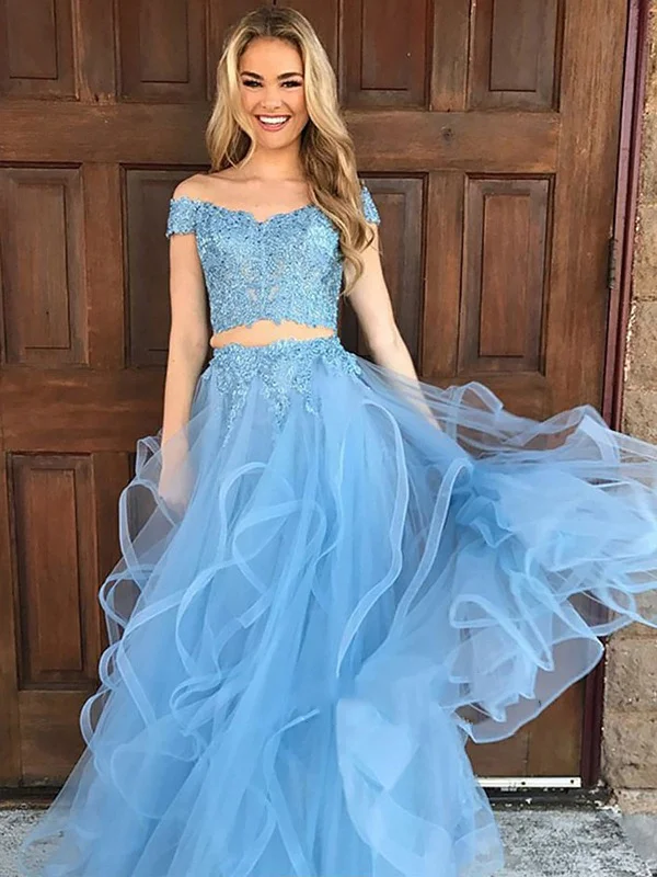 sustainable party dressesOff Shoulder Two Pieces Lace Blue Prom Dress, Off Shoulder Prom Gown, Blue Evening Dress