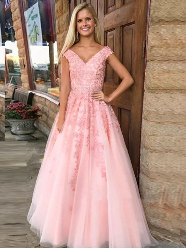 neon party dressesPink A Line V Neck Lace Prom Dress, Pink Lace Formal Dress, Graduation Dress, Pink Evening Dress