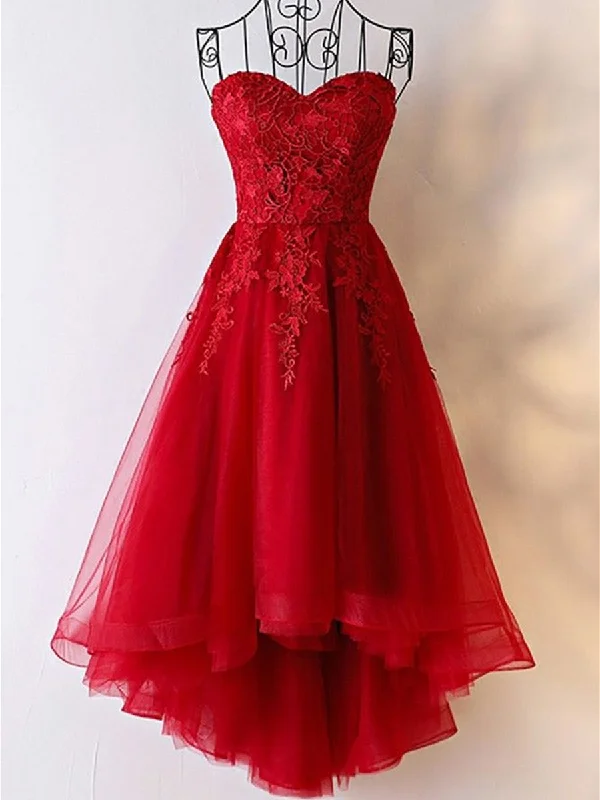 body-skimming party dressesRed High Low Strapless Lace Tulle Prom Dresses, Red Lace Formal Evening Dresses, Red Graduation Dresses