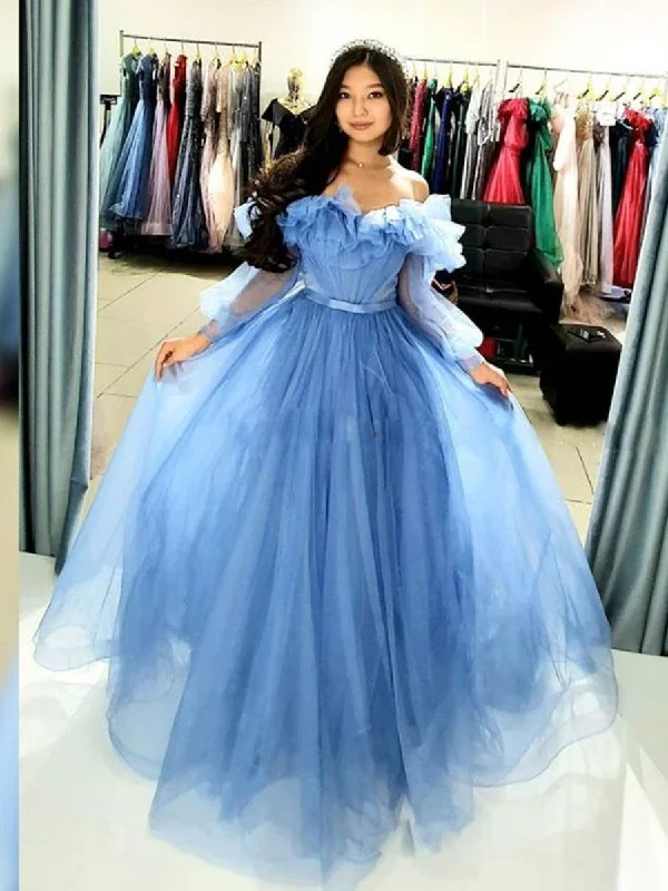 handmade party dressesPrincess Off Shoulder Long Sleeves Blue Prom Dresses, Off the Shoulder Blue Formal Graduation Evening Dresses