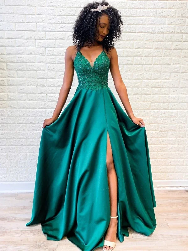 themed party dressesA Line V Neck Backless Lace Green Prom Dresses with Split, Backless Green Lace Formal Dresses, Green Lace Evening Dresses