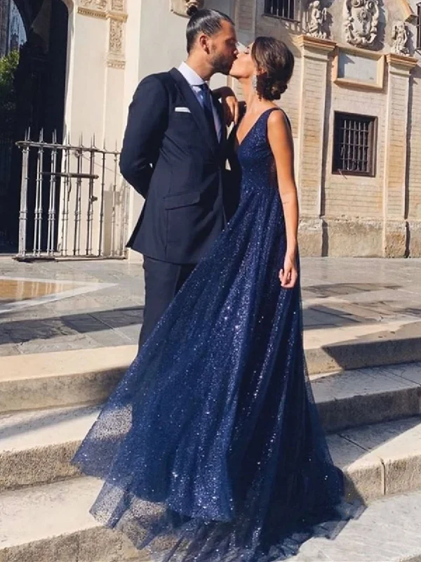 lace-up party dressesShiny A Line V Neck and V Back Navy Blue Long Prom Dresses, Sparkly V Neck Backless Navy Blue Formal Graduation Evening Dresses