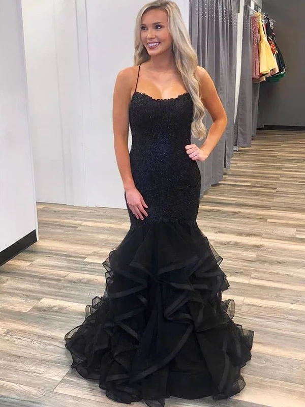 affordable party dressesElegant Mermaid Puffy Black Lace Long Prom Dresses, Mermaid Lace Black Formal Dresses, Lace Black Evening Dresses