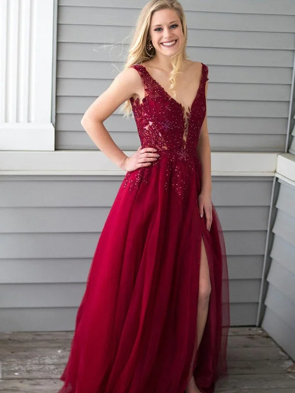 sustainable party dressesBurgundy A Line V Neck Lace Appliques Beading Chiffon Long Prom Dresses with Slit, Burgundy Lace Formal Dresses, Burgundy Evening Dresses