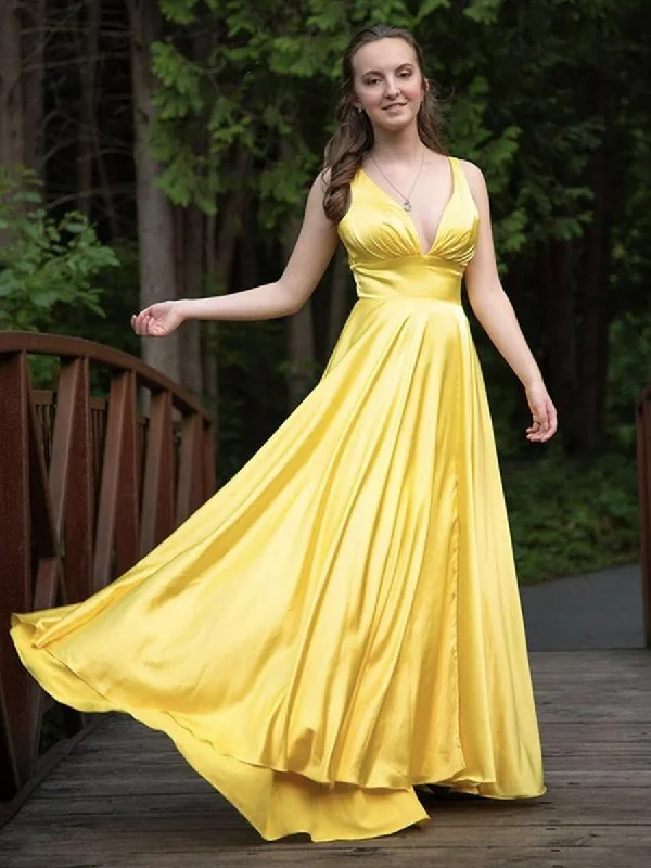 breathable party dressesA Line V Neck Backless Yellow Satin Long Prom Dresses, Backless Yellow Formal Dresses, Yellow Evening Dresses