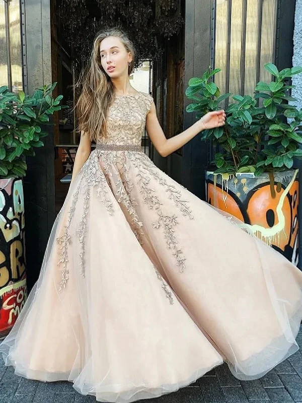 homecoming party dressesCustom Made Cap Sleeves Champagne Lace Long Prom Dresses, Cap Sleeves Champagne Lace Formal Dresses, Champagne Lace Evening Dresses, Champagne Ball Gown