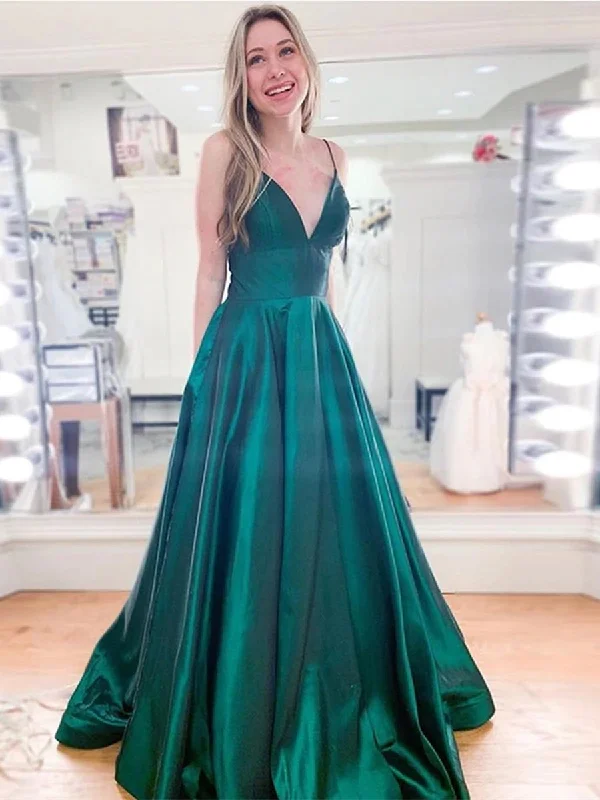 cocktail party dressesA Line V Neck Spaghetti Straps Long Emerald Green Prom Dresses, V Neck Emerald Green Formal Dresses, Simple Green Evening Dresses