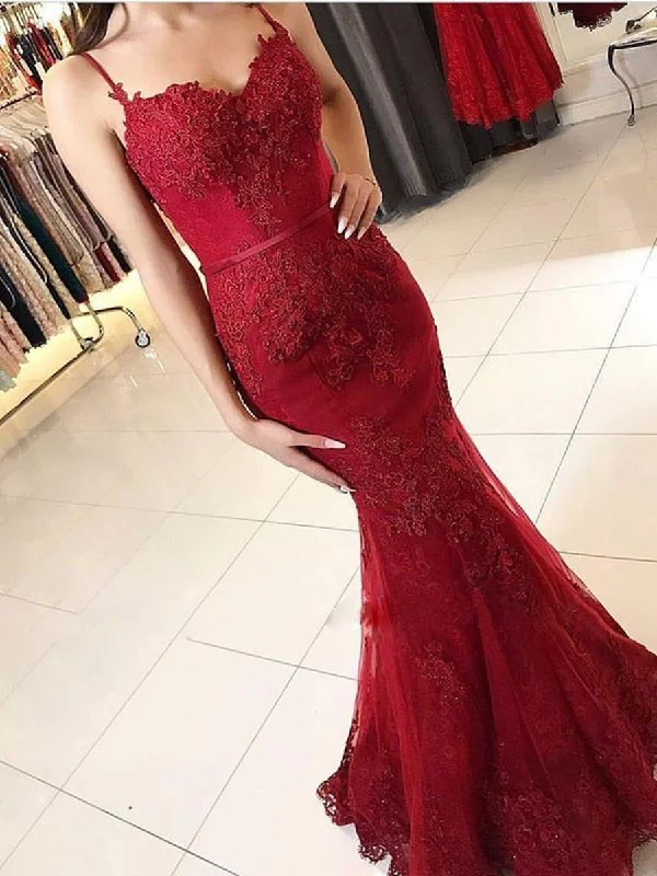 flutter-sleeve party dressesMermaid Spaghetti Straps Backless Lace Burgundy Prom Dresses, Burgundy Mermaid Formal Dresses, Evening Dresses