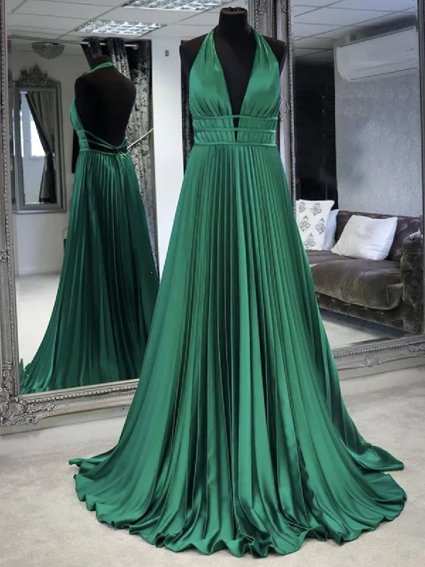 homecoming party dressesA Line Halter Neck Backless Green Long Prom Dresses, Backless Green Formal Dresses, Green Evening Dresses