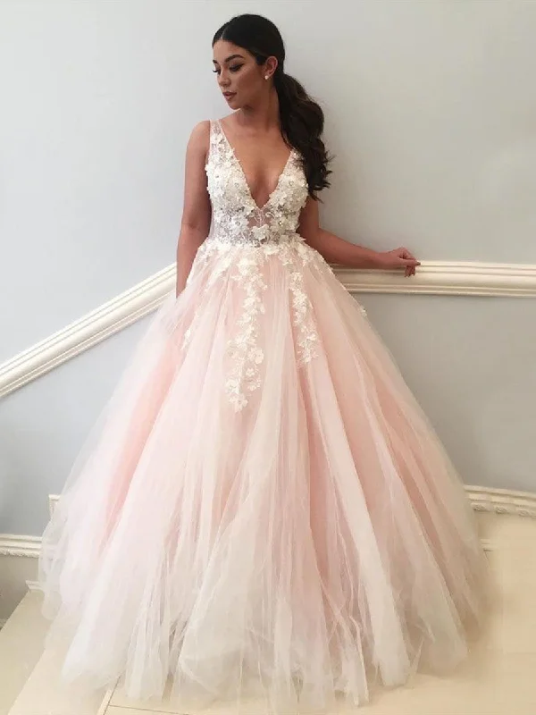 one-shoulder party dressesPink V Neck Backless Lace Appliques Tulle Long Prom Dresses, V Neck Pink Lace Ball Gown, Pink Formal Dresses, Pink Lace Evening Dresses