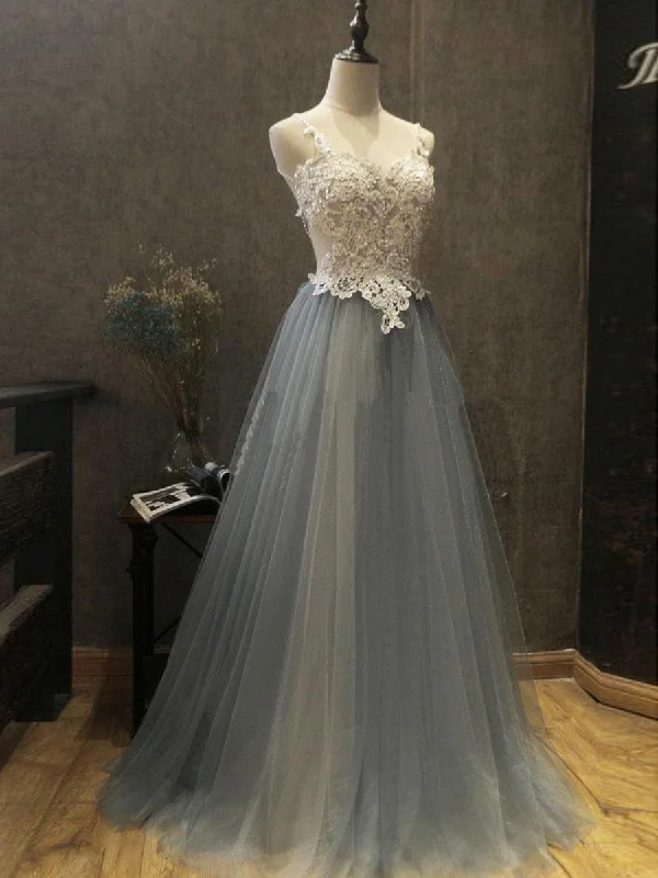 satin party dressesA Line Backless White Lace Beading Gray Tulle Long Prom Dresses, Lace Gray Formal Dresses, Backless Gray Long Evening Dresses