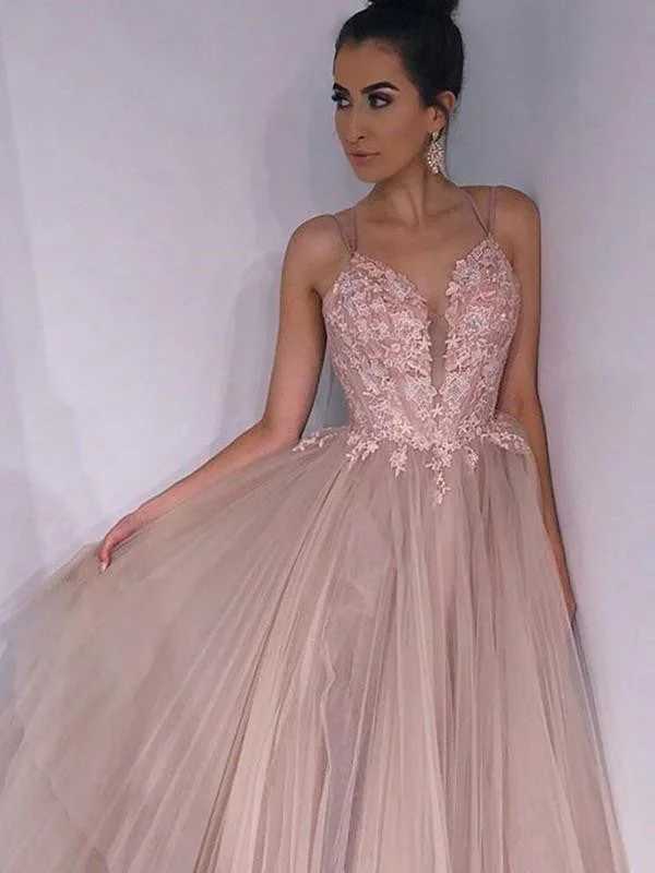 cocktail party dressesA Line Spaghetti Straps Backless Pink Lace Appliques Champagne Prom Dresses, Lace Champagne Formal Dresses, Champagne Evening Dresses