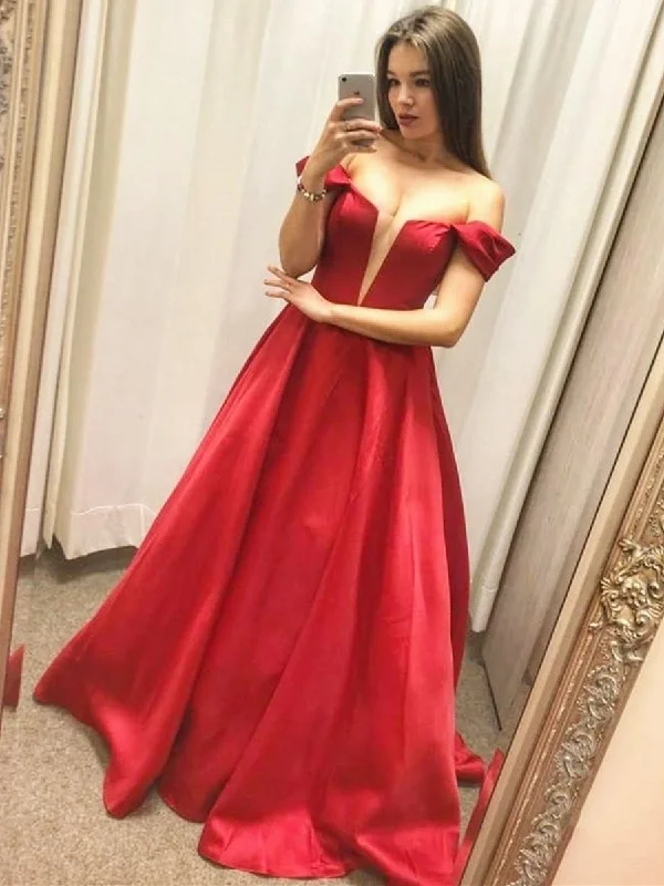 ball gown party dressesV Neck Satin Off the Shoulder Long Red Prom Dresses, Off Shoulder Red Formal Dresses, Red Evening Dresses