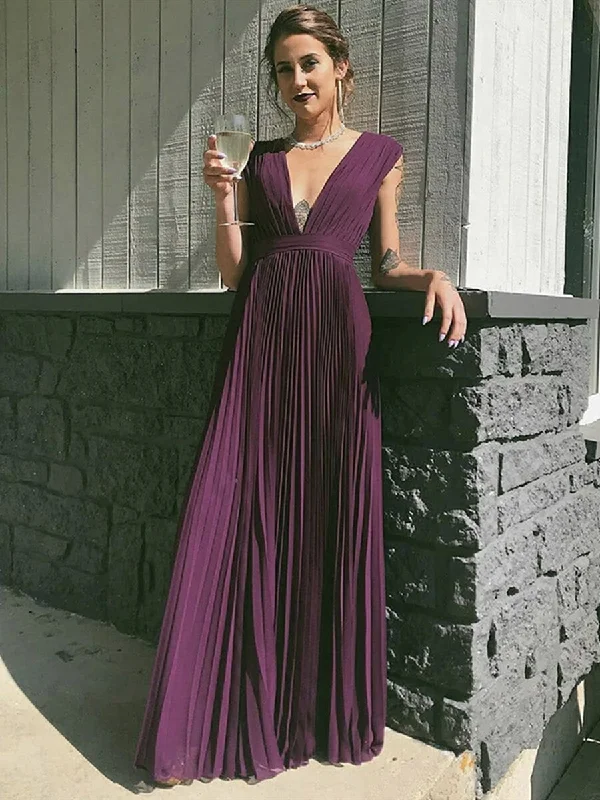 bold color party dressesElegant V Neck Purple Pleated Chiffon Long Prom Dresses, V Neck Purple Formal Graduation Evening Dresses