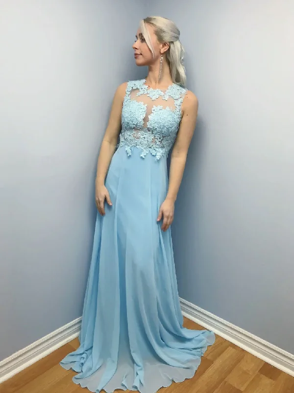 long party dressesElegant Sky Blue A Line Lace Long Prom Dresses, Sky Blue Lace Formal Graduation Evening Dresses