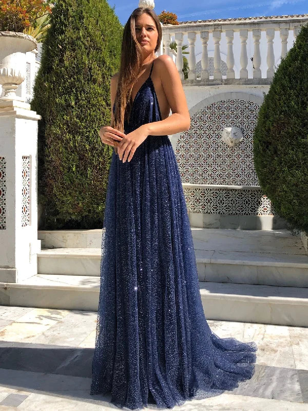 flashy party dressesElegant V Neck Backless Navy Blue Long Prom Dresses, Sparkly Navy Blue Formal Evening Dresses