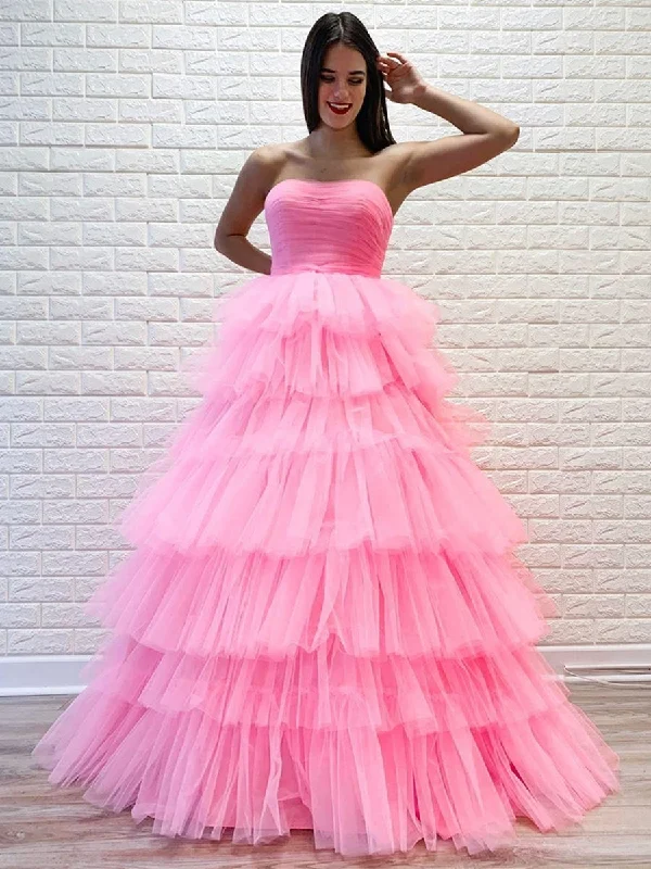 bridesmaid party dressesGorgeous Strapless Layered Pink Long Prom Dresses, Pink Formal Evening Dresses, Layered Pink Ball Gown