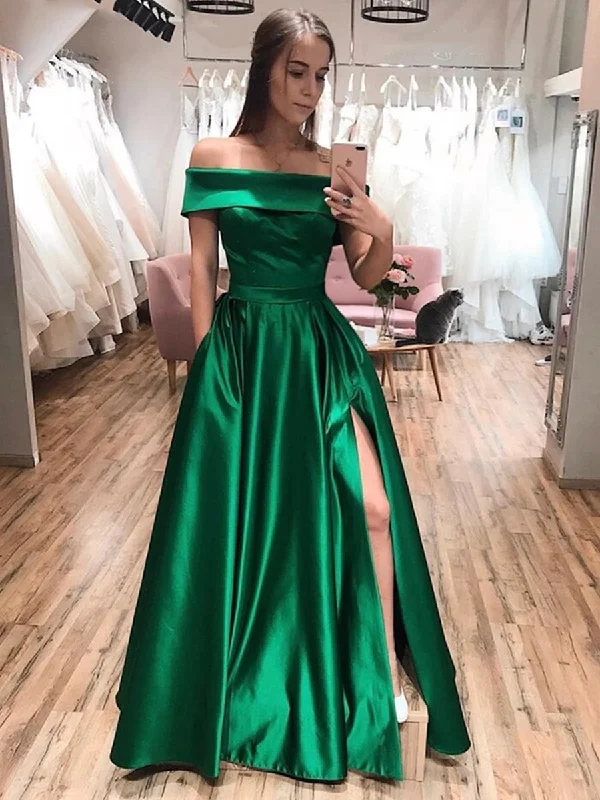 birthday party dressesStylish Off Shoulder Green Long Prom Dresses 2020 with Side Slit, Off the Shoulder Green Formal Graduation Evening Dresses