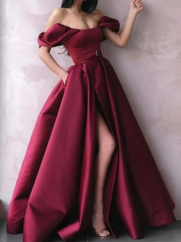 illusion-sleeve party dressesOff Shoulder Burgundy Satin Long Prom Dresses with High Slit, Burgundy Formal Graduation Evening Dresses, Wine Red Ball Gown