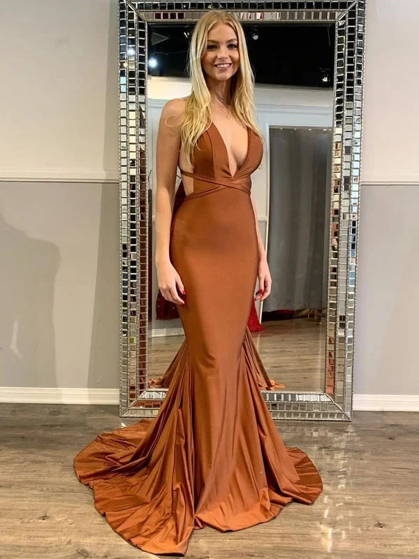 long party dressesSexy V Neck Backless Mermaid Clay Satin Long Prom Dresses, Mermaid Clay Formal Dresses, Clay Evening Dresses