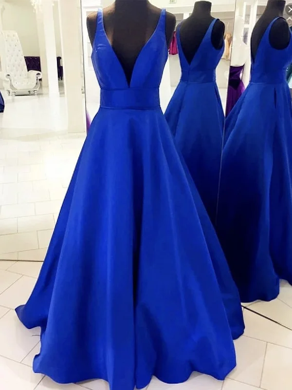 peplum party dressesV Neck Open Back Royal Blue Long Prom Dresses, Royal Blue Formal Dresses, Evening Dresses