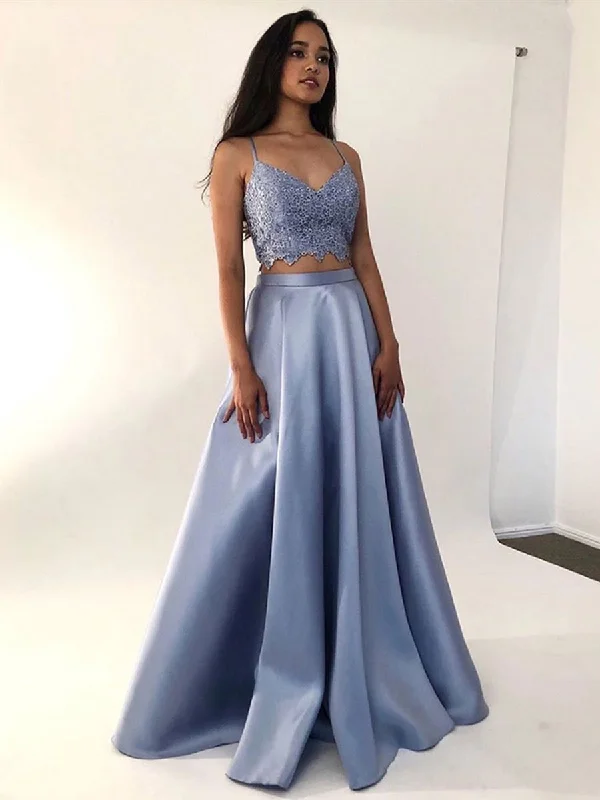 short party dressesA Line V Neck 2 Pieces Lace Blue Long Prom Dresses, Two Pieces Blue Formal Dresses, Lace Blue Evening Dresses