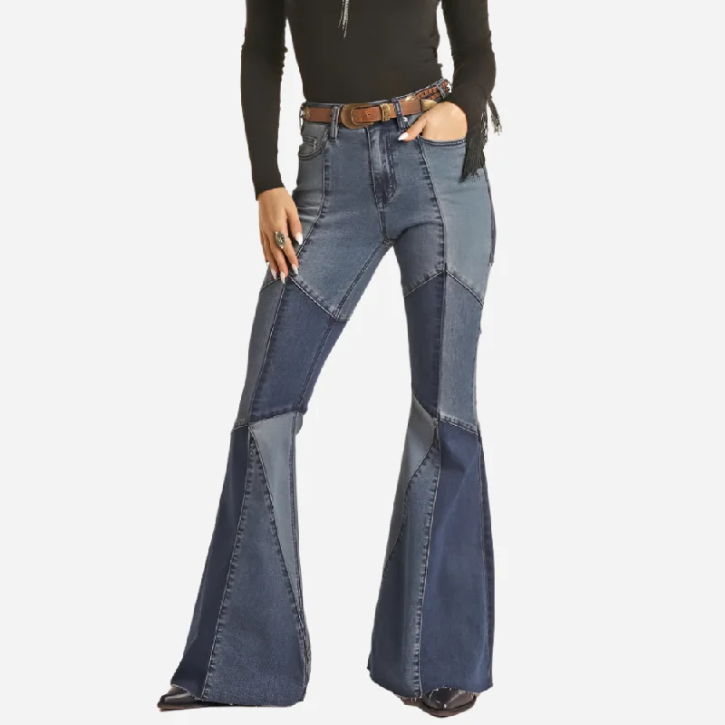 women's denim jeans with geometric patternsRock and Roll Denim High Rise Bell Bottom Jean