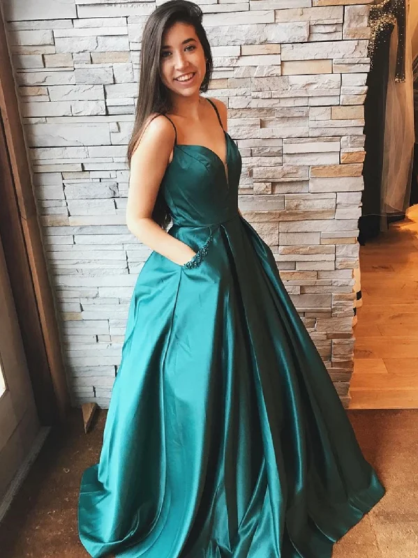 empire waist party dressesA Line V Neck Satin Long Emerald Green Prom Dresses with Pocket, V Neck Emerald Green Formal Dresses, Emerald Green Evening Dresses, Ball Gown