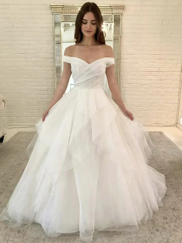 black-tie party dressesOff Shoulder Fuffy White Long Prom Dresses, Off Shoulder White Formal Dresses, White Evening Dresses, Ball Gown