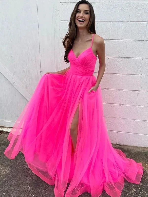 polyester party dressesStylish A Line V Neck Hot Pink Long Prom Dresses with High Slit, V Neck Hot Pink Formal Dresses, Hot Pink Evening Dresses