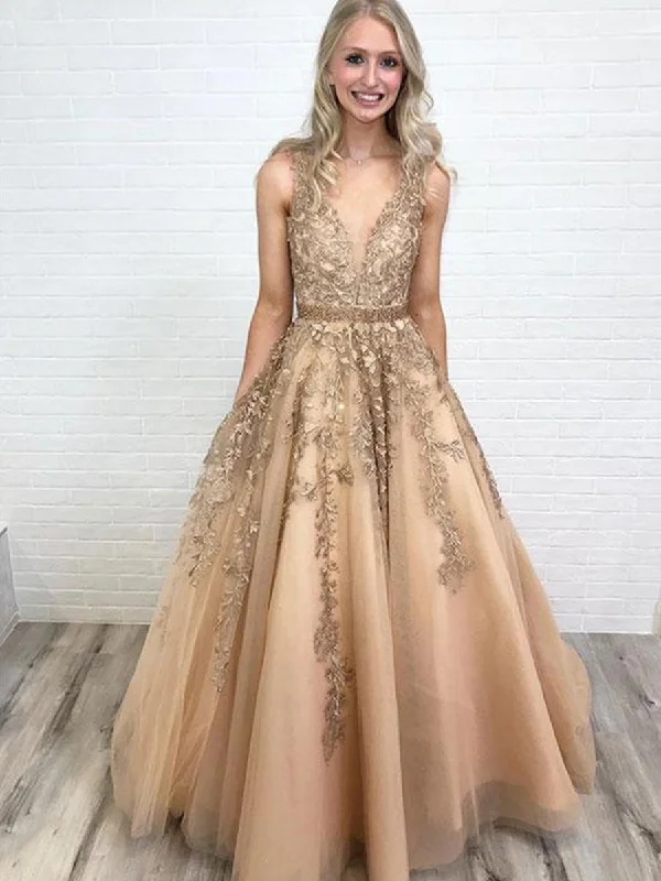 empire waist party dressesA Line V Neck Lace Tulle Long Prom Dresses, V Neck Lace Formal Graduation Dresses, Lace Evening Dresses