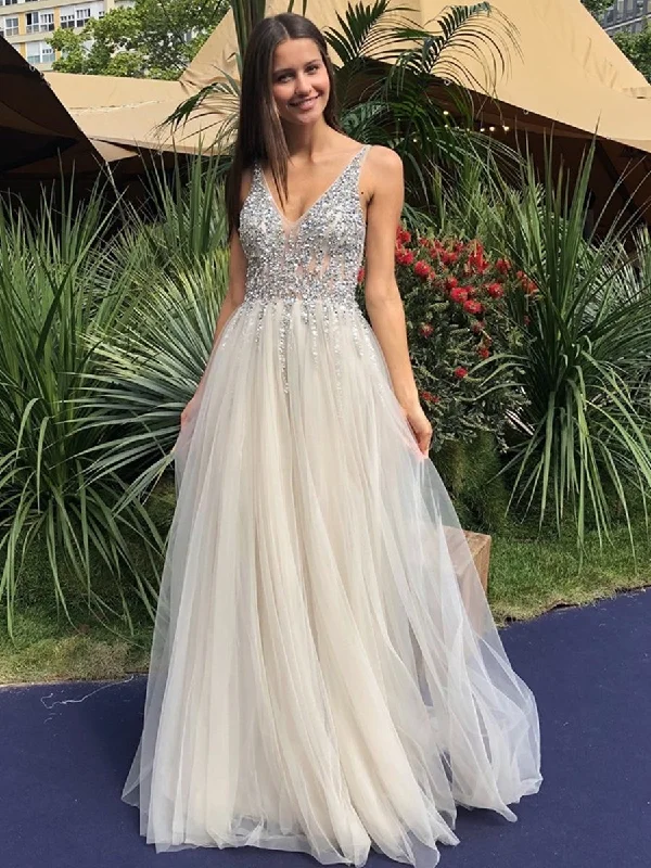 floral party dressesShiny A Line V Neck Backless Sequins Gray Long Prom Dresses 2020, Sparkly Open Back Sequins Grey Formal Graduation Evening Dresses