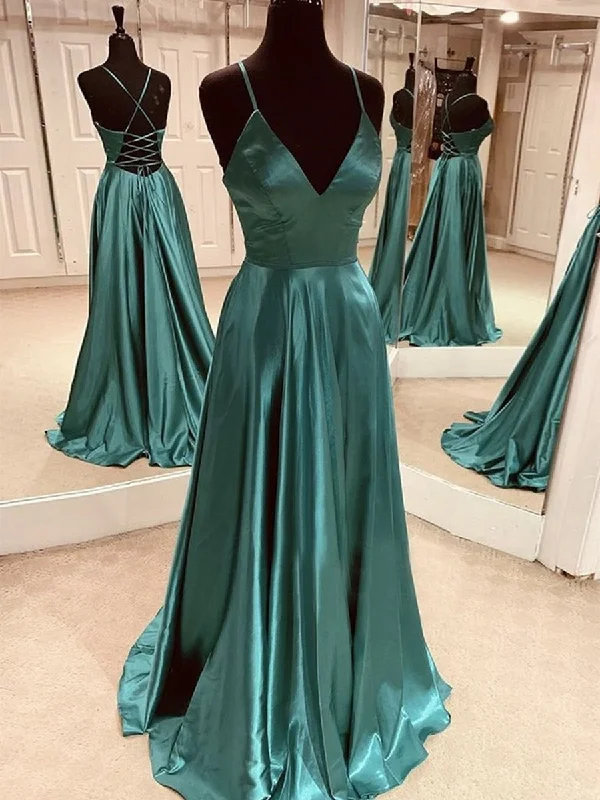 chiffon party dressesSimple A Line V Neck Satin Backless Green Long Prom Dresses, Open Back Green Formal Graduation Evening Dresses