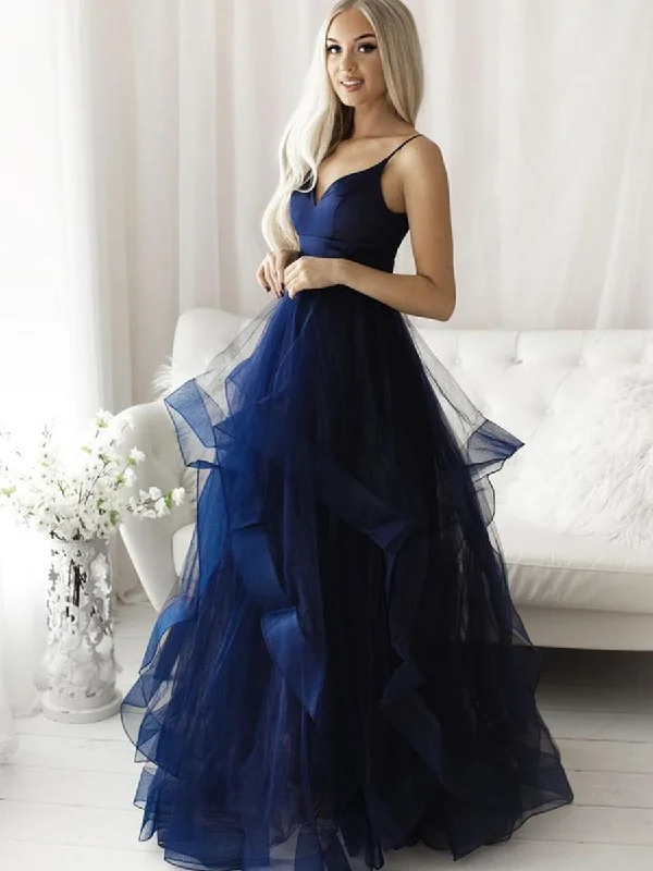 A-line party dressesFluffy V Neck Blue Tulle Long Prom Dresses, Blue Formal Evening Dresses, Ball Gown