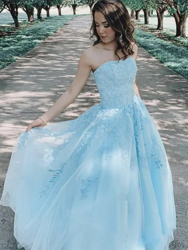 spring party dressesLight Blue A Line Strapless Lace Appliques Long Prom Dresses, Light Blue Lace Formal Dresses, Lace Blue Evening Dresses