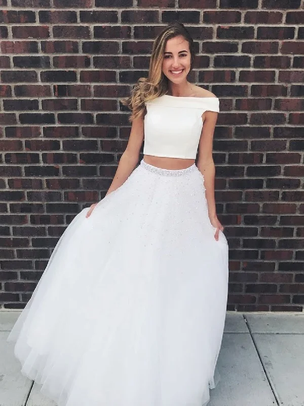 sweetheart-neck party dressesOff Shoulder Two Pieces Beaded Long White Prom Dresses with Beading, Off Shoulder White Formal Dresses, Two Pieces White Evening Dresses