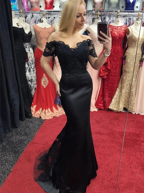 affordable luxury party dressesOff Shoulder Mermaid Lace Black Long Prom Dresses, Off Shoulder Black Lace Formal Dresses, Mermaid Black Lace Evening Dresses