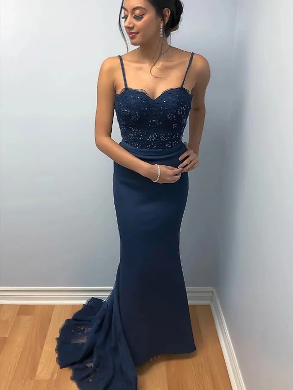 beach party dressesElegant Mermaid Backless Lace Beaded Navy Blue Prom Dresses, Mermaid Backless Navy Blue Lace Formal Dresses, Mermaid Navy Blue Lace Evening Dresses