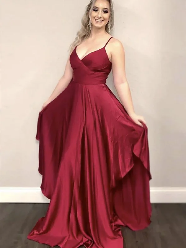 striped party dressesUnique A Line V Neck Burgundy Long Prom Dresses, V Neck Burgundy Formal Graduation Evening Dresses