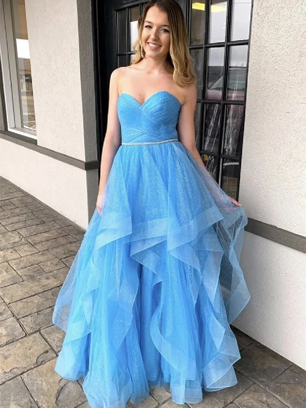 pastel party dressesShiny Sequins Strapless Sweetheart Neck Light Blue Long Prom Dresses, Light Blue Formal Dresses, Sparkly Evening Dresses