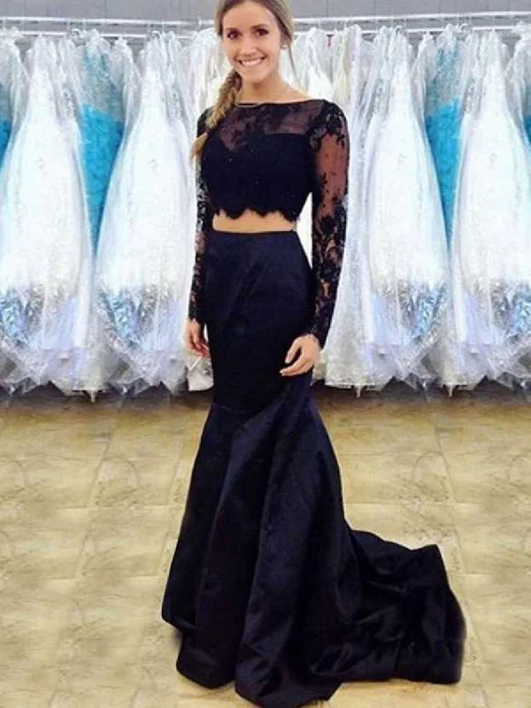 stylish party dressesLong Sleeves Mermaid Scoop Neck Two Pieces Lace Black Prom Dresses, Long Sleeves Black Formal Dresses, Black Two Pieces Lace Evening Dresses