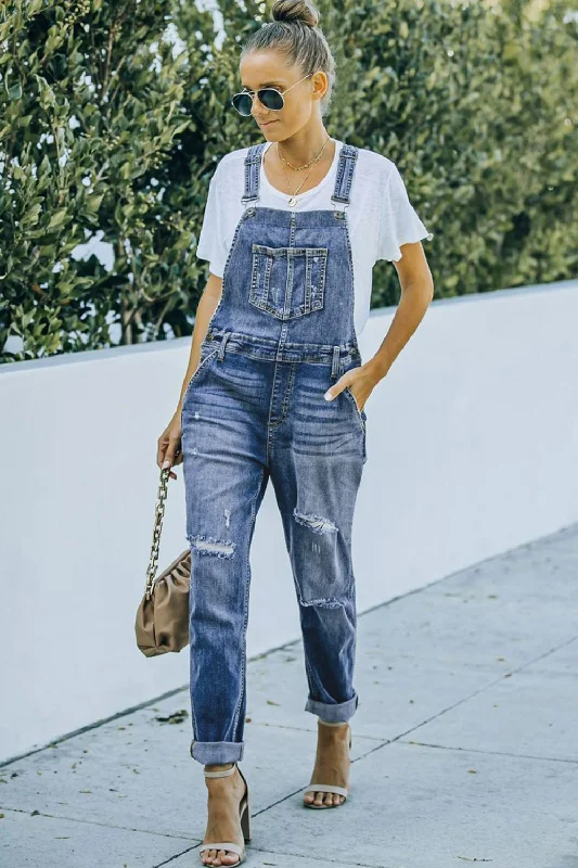 women's denim jeans with spandexPocketed Distressed Denim Overalls