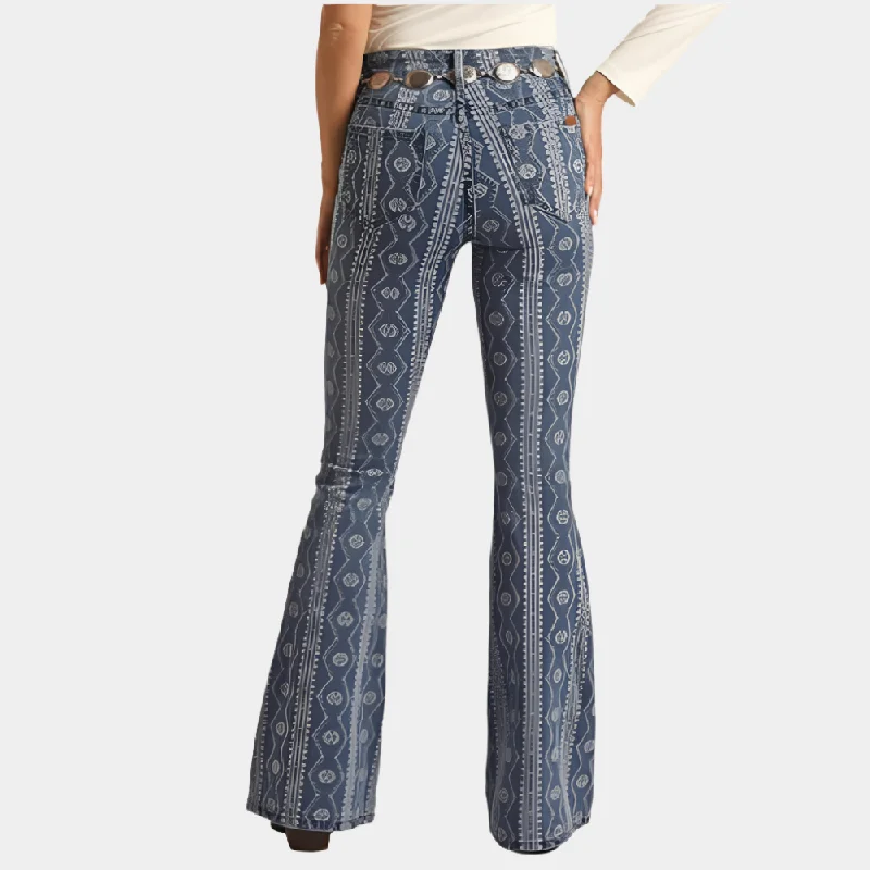 women's denim jeans with distressed back pocketsRock and Roll Denim Indigo Aztec Button Flare Jean