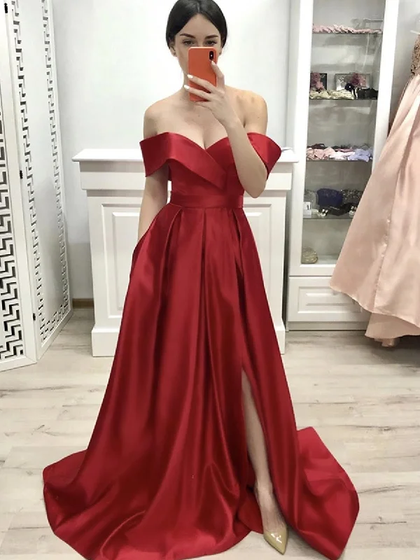 plus-size party dressesCustom Made Off Shoulder Red Satin Long Prom Dresses with Slit, Off the Shoulder Red Formal Dresses, Red Evening Dresses