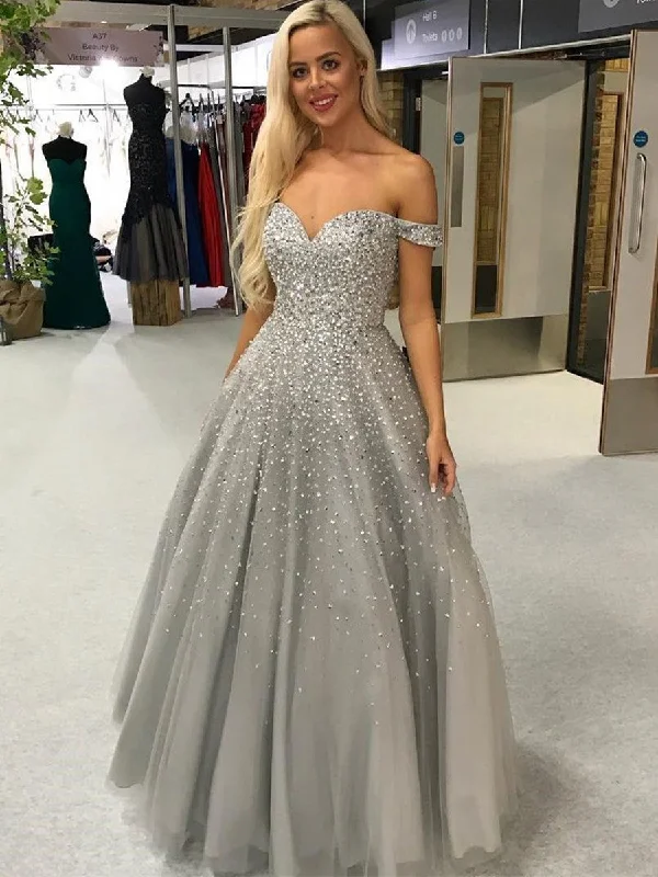 vintage party dressesGorgeous Off Shoulder Silver Grey Sequins Long Prom Dresses, Off Shoulder Grey Formal Evening Dresses