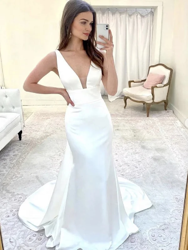 glam party dressesElegant Mermaid V Neck White Satin Long Prom Dresses, Mermaid White Formal Dresses, White Evening Dresses