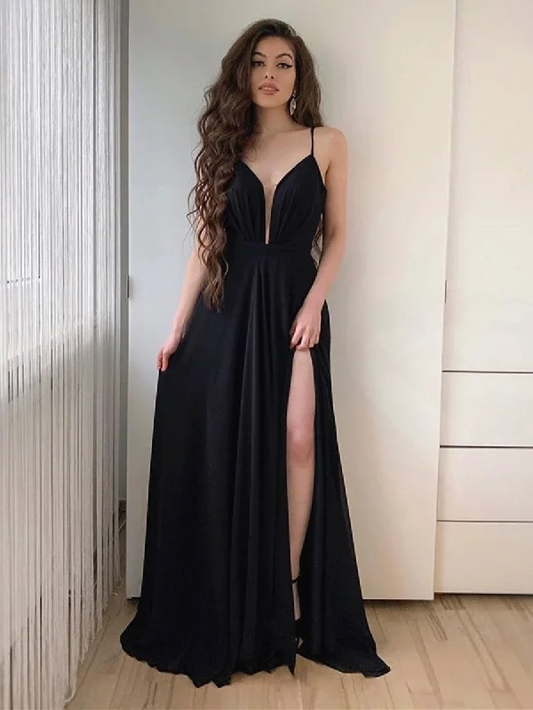 bodycon party dressesSimple A Line V Neck Long Black Prom Dresses with High Slit, V Neck Black Formal Graduation Evening Dresses