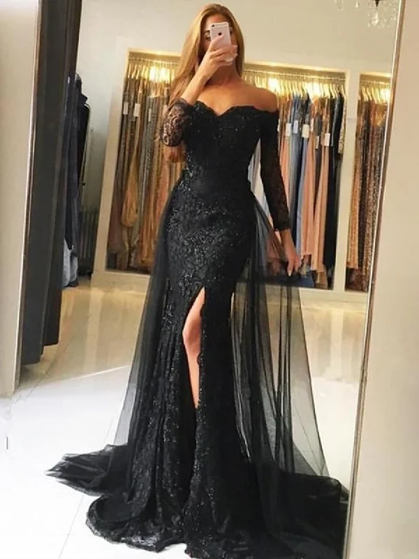 tall party dressesLong Sleeves Mermaid Black/Gray Lace Long Prom Dresses with Side Slit, Mermaid Lace Black/Gray Formal Dresses, Evening Dresses